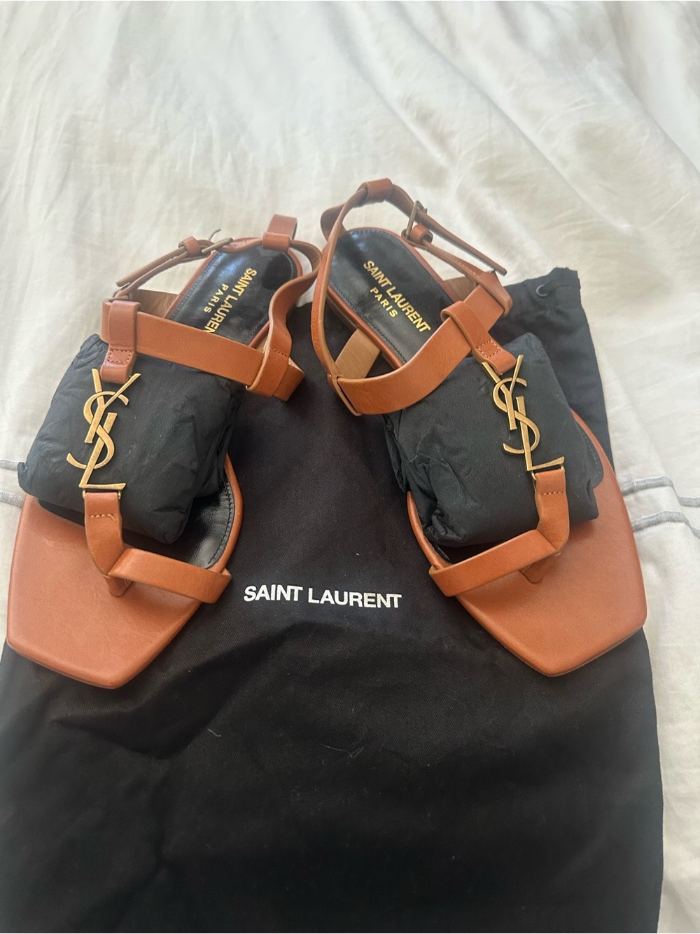 Saint Laurent Tan Leather T-Strap Sandals with Gold YSL Logo